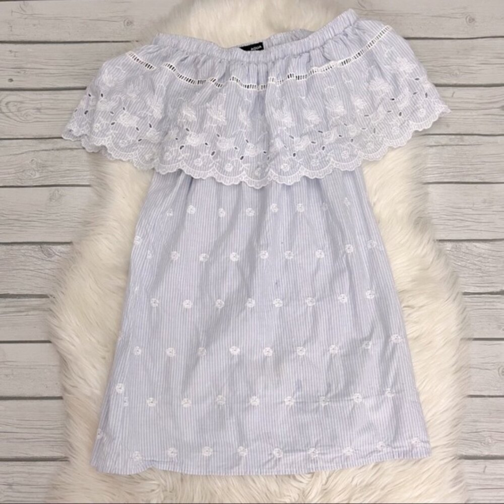 Aqua Blue and White Striped Eyelet Off the Shoulder Dress